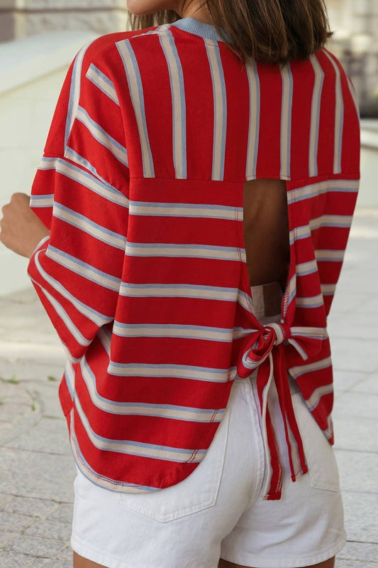 Bow Back Detail Striped Crew Neck T-shirt
