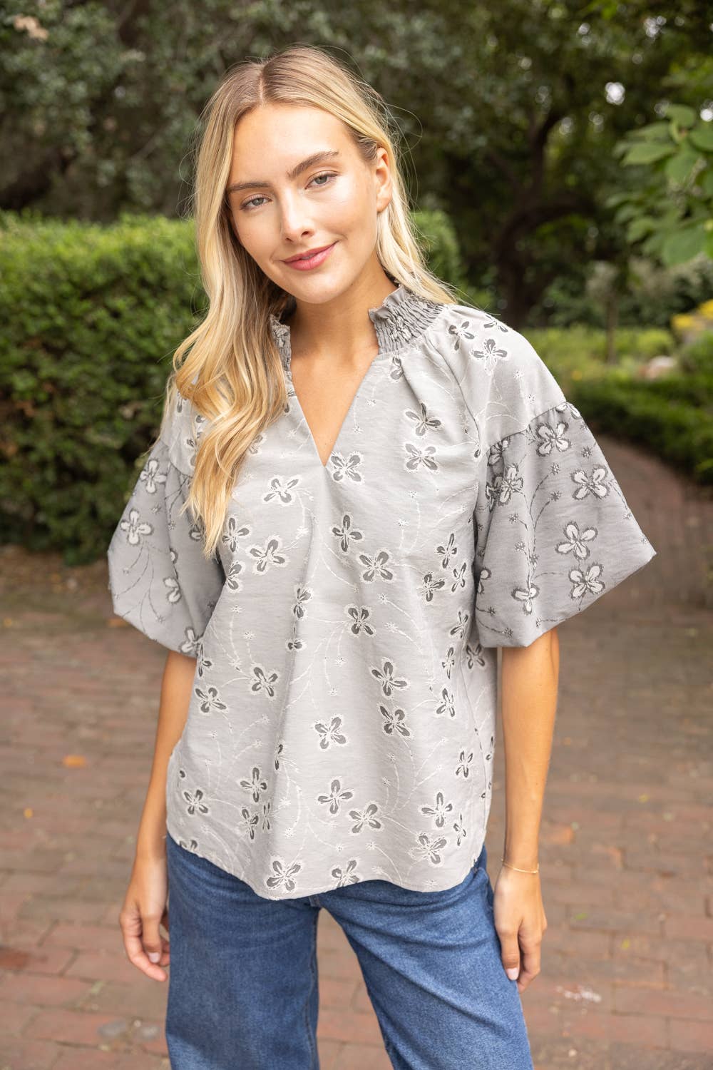 Smocked V-Neck Floral Cotton Jacquard Top