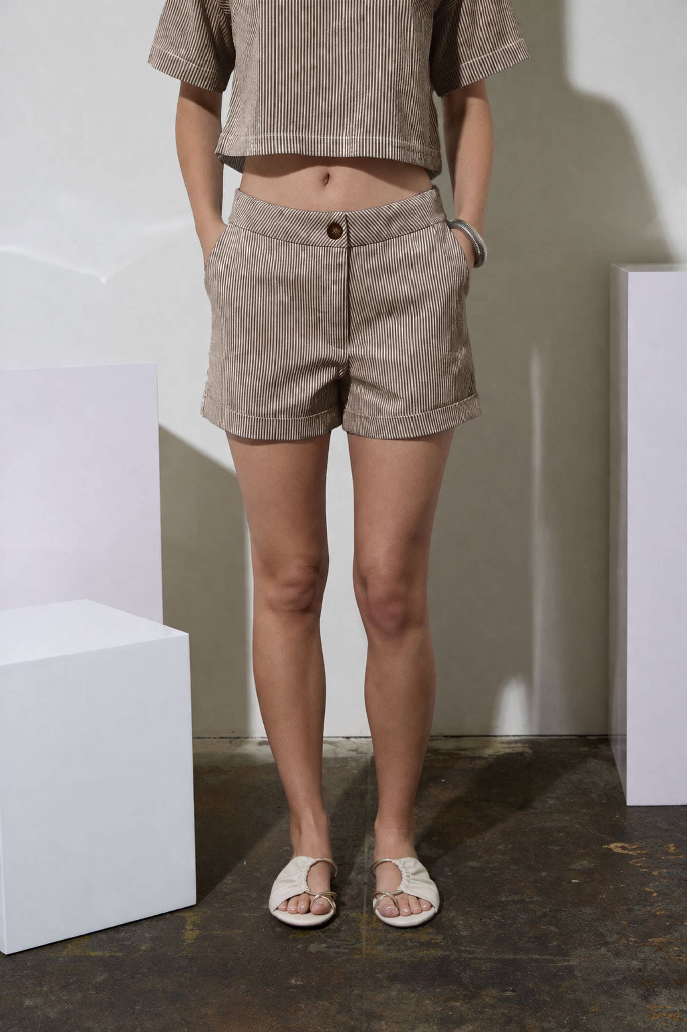 Pinstripe Cuffed Mini Denim Shorts