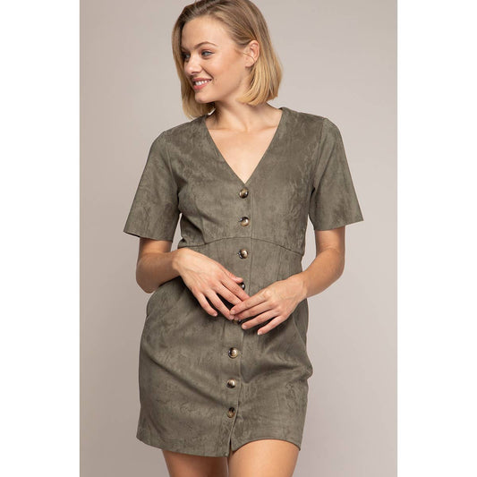 Faux Suede Bodycon Button Down Mini Dress