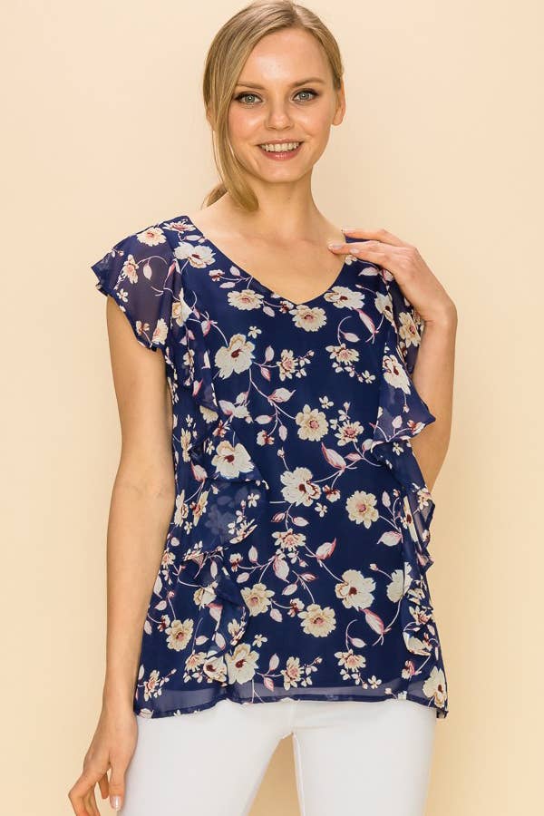 FLORAL V NECK SLEEVELESS RUFFLE BLOUSE