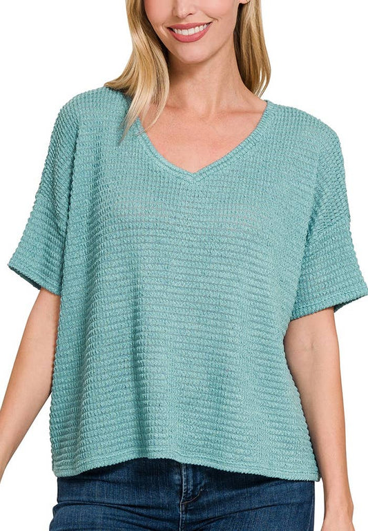 Drop Shoulder Short Sleeve Jacquard Sweater