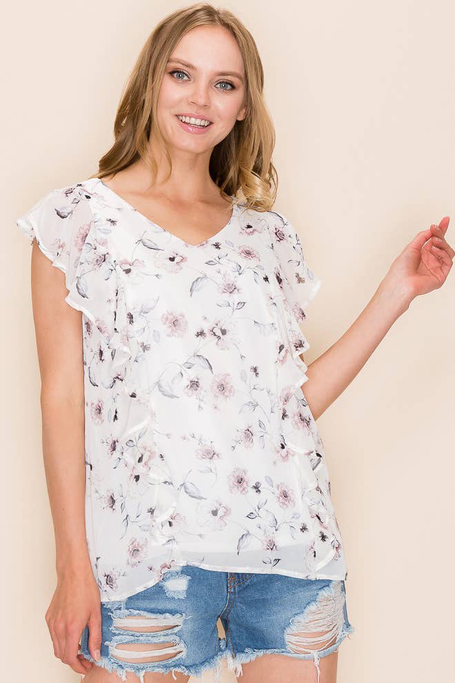 FLORAL V NECK SLEEVELESS RUFFLE BLOUSE