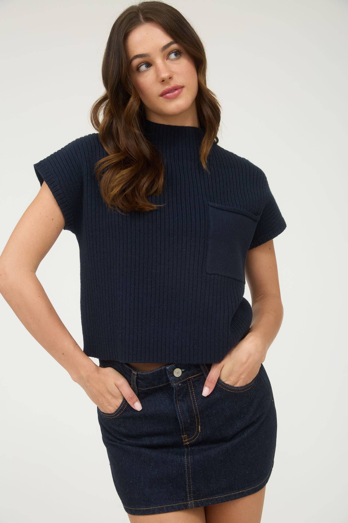 MOCK NECK POCKET DETAIL SHORT SLEEVE KNIT SWEATER