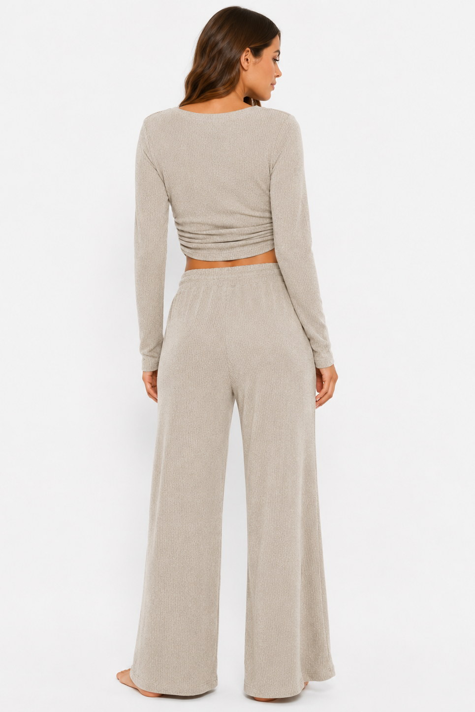 Ribbed crop long sleeve top with straight leg loungewear set