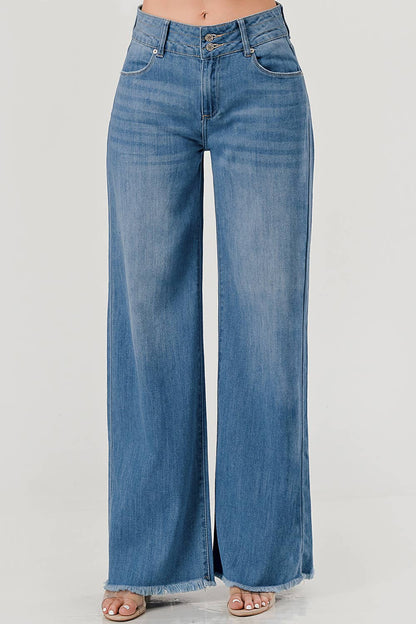 MC5213HW - Medium Wash - Mid Rise Wide Leg Jeans w/Fray Hem