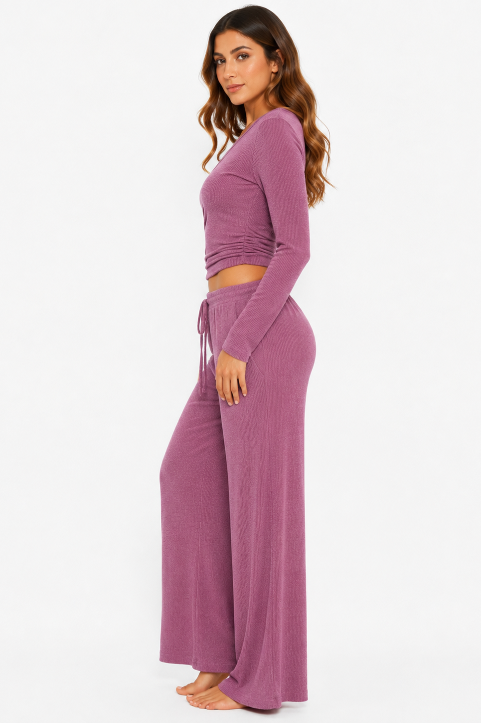 Ribbed crop long sleeve top with straight leg loungewear set