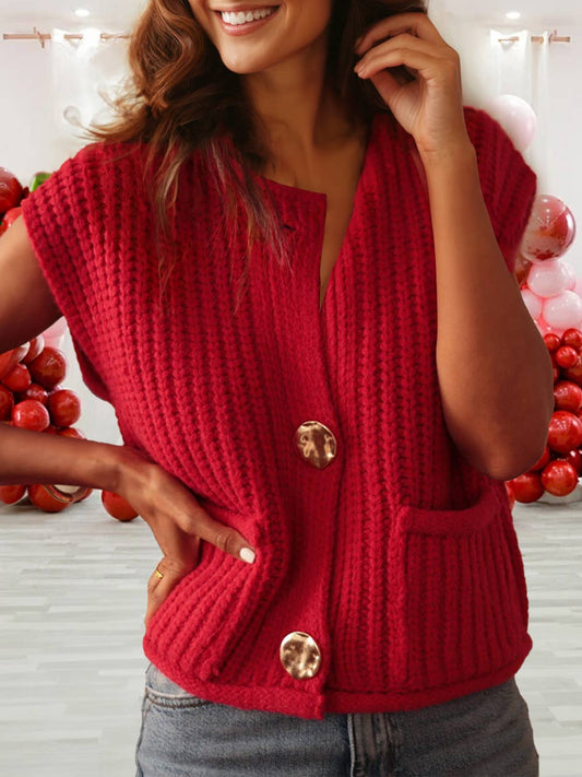 Solid Textured Knit Side Pockets Buttoned Sweater Vest