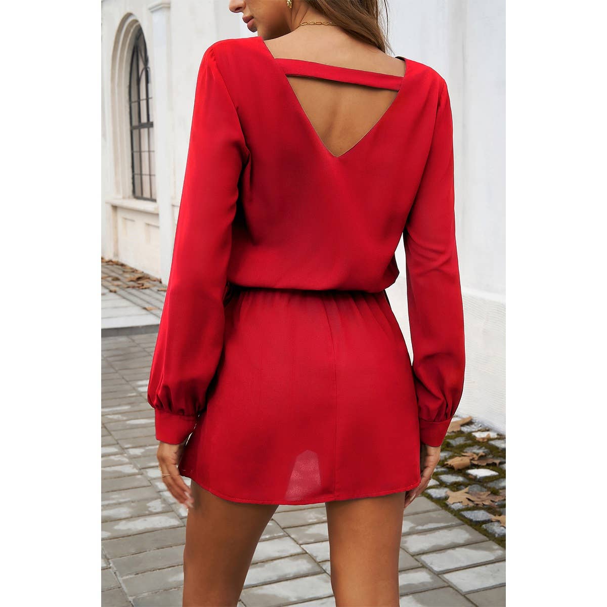 V Neck V Back Plain Solid Elastic Waist Dress