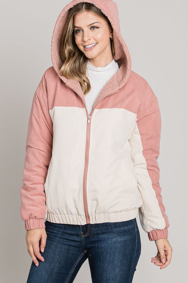 Soft Brushed Matte Woven Hoodie Jacket Lined in Sherpa