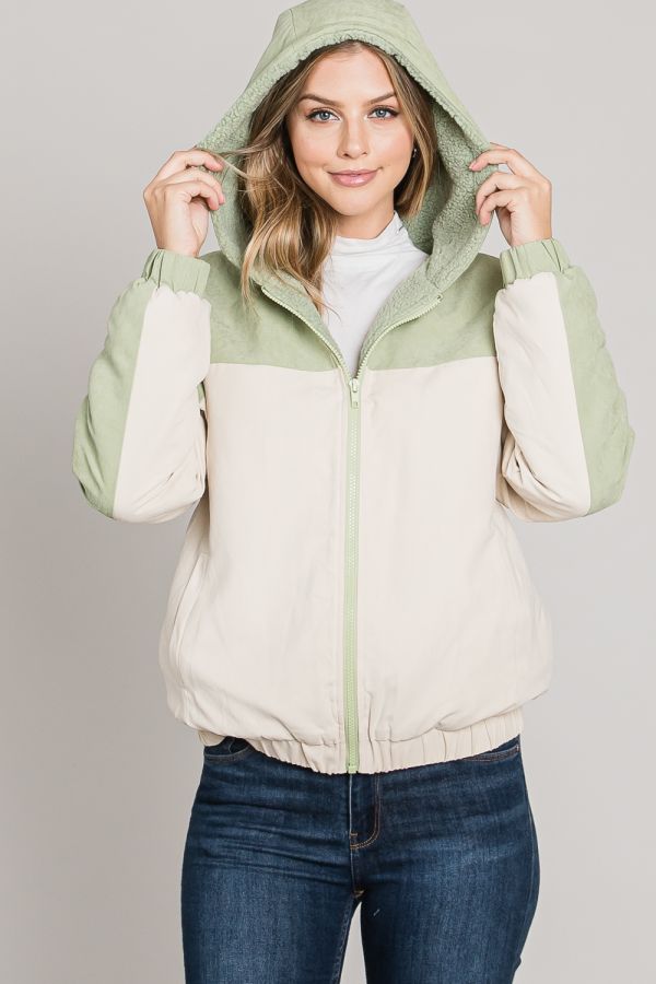 Soft Brushed Matte Woven Hoodie Jacket Lined in Sherpa