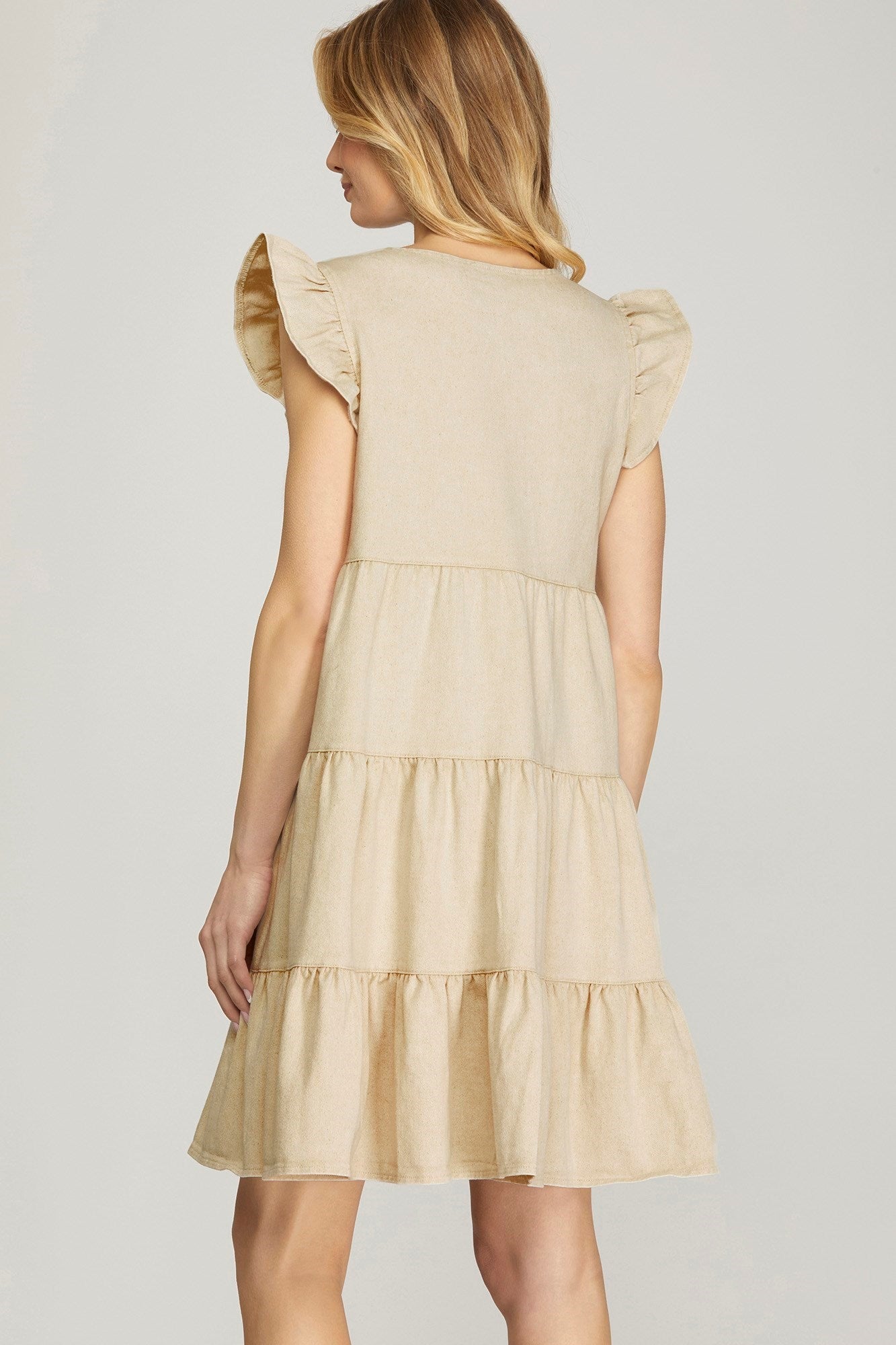 Ruffle Sleeve Tiered Button Down Wash Twill Dress